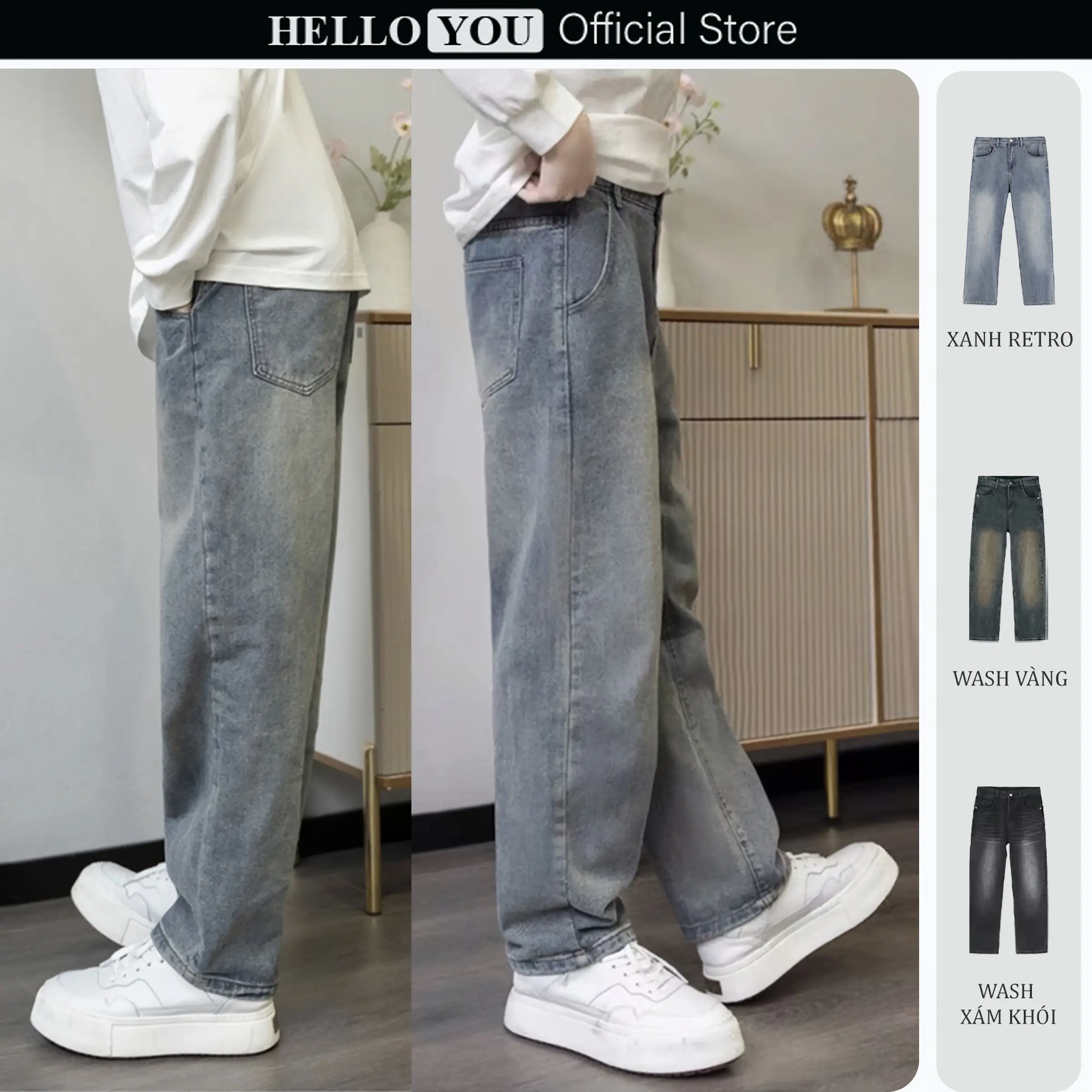 Quần Jean Nam Màu Retro Rêu Cạp Cao Form Dáng Suông Vừa Chất Vải Denim Mềm Mịn Thoáng Mát Menswear Pants Có Túi Lưng Cao