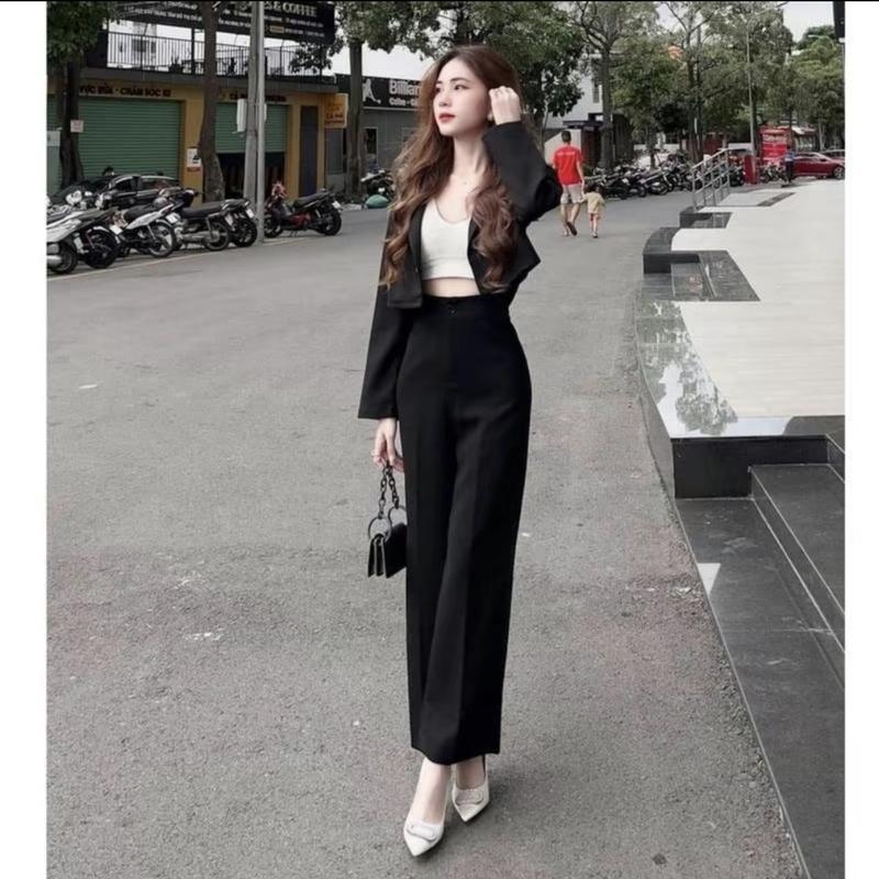Quần Ống Rộng Suông Nữ Lưng Cao 1 Nút Khóa Trước Dáng Quần Tây Nữ Ống Rộng Cạp Cao Màu Đen Vải Dày Dặn Pants Dáng Dài Women Ong 7