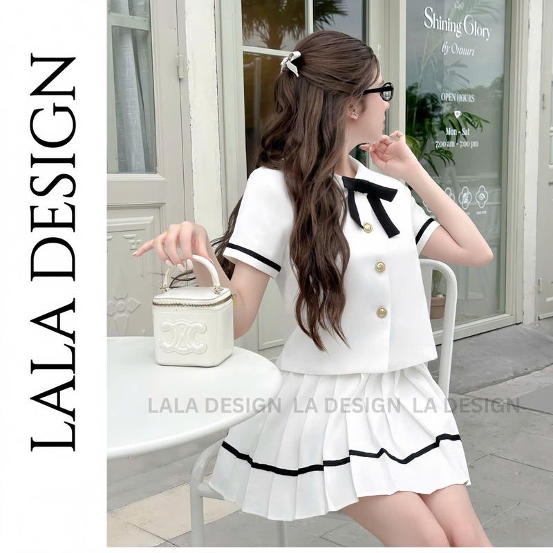 Set Váy Dạ Tex Cổ Sen Phối Nơ Xinh Mix Chân Váy Xếp Li Sang Chảnh, Tiểu thư, Fiona Set- SET14 [LALA DESIGN], [S-XXL] Nữ Women