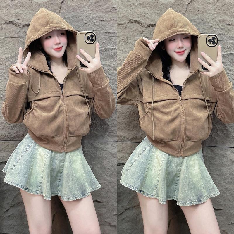 Áo khoác nhung gân tăm túi nhún mới về, có túi trong, form lửng by Quỳnh Hí store,  Nữ Women Jacket Top