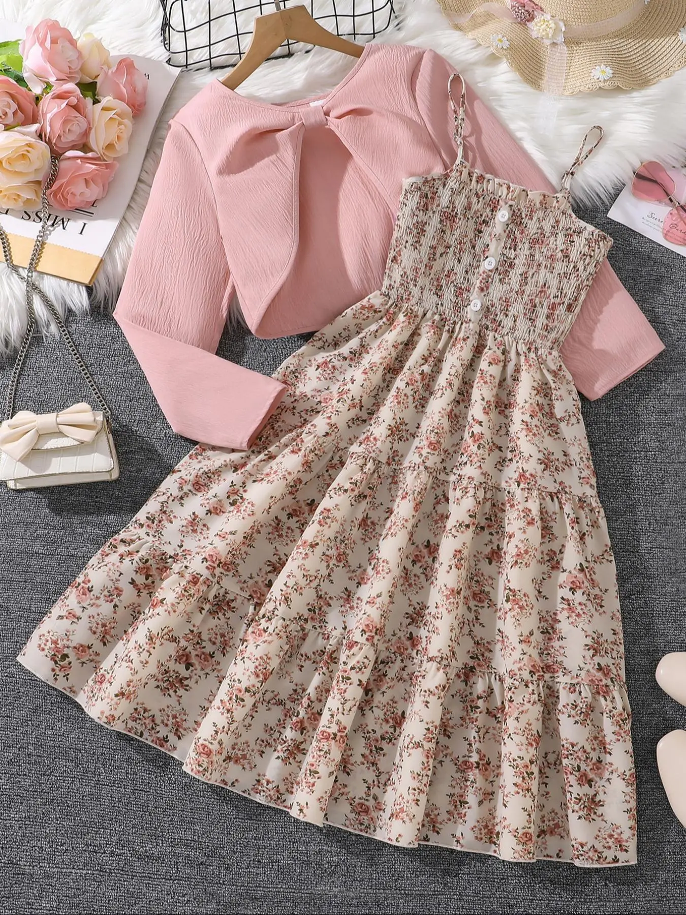 Two-Piece Set Girl's Ditsy Floral Print Fake Buttons Decor Frill Trim Shirred Dress & Asymmetrical Hem Crop Outerwear Set, Elegant Adjustable Strap Dress & Long Sleeve Outerwear for Daily Wear, Kids Spring & Fall Clothes
