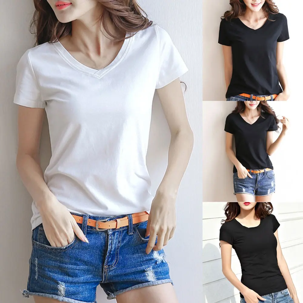 Womens Basic Tees Shirt Solid Plain Top Short Sleeve Roundneck V Neck Top