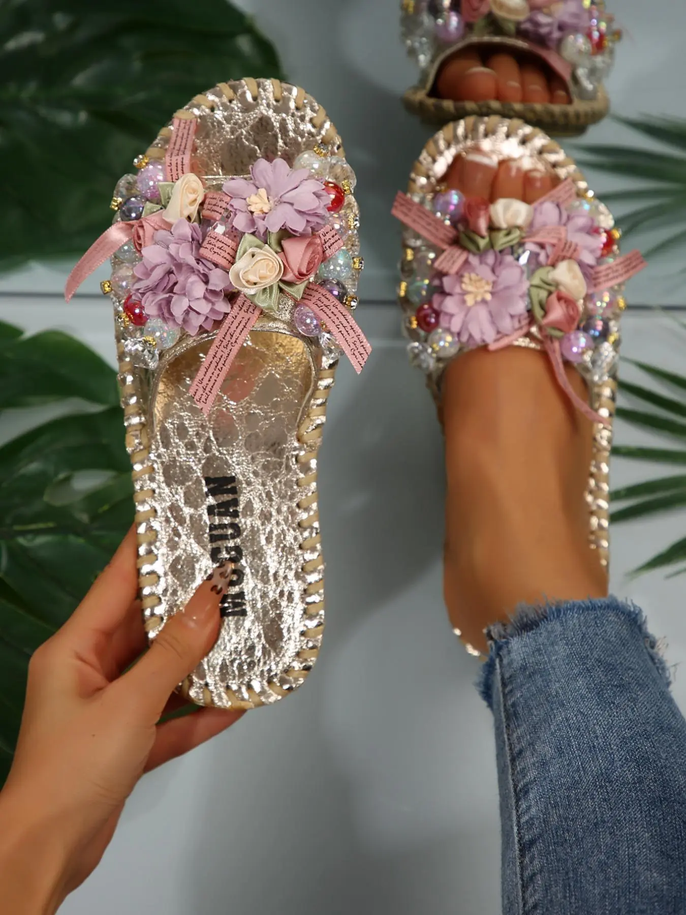 Women's Fashionable Rhinestone & Sequins Decorated Slides, Elegant Open Toe Slide Sandals for Daily Wear, Lightweight Breathable Comfortable Shoes for Women & Girls, Summer