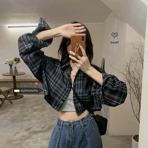 เสื้อเชิ้ต ลายสก็อต แขนยาว สำหรับผู้หญิง กระชับสัดส่วน เสื้อสั้น เสื้อกันแดด มาใหม่