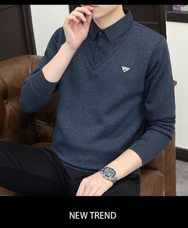 Product Introduction of 2024 Winter Fleece-lined Thickened Integral Velvet Sweater Men's False Two Pieces Knitted Sweater Youth Pu Handsome Men's Shirt Nam Slipper 12