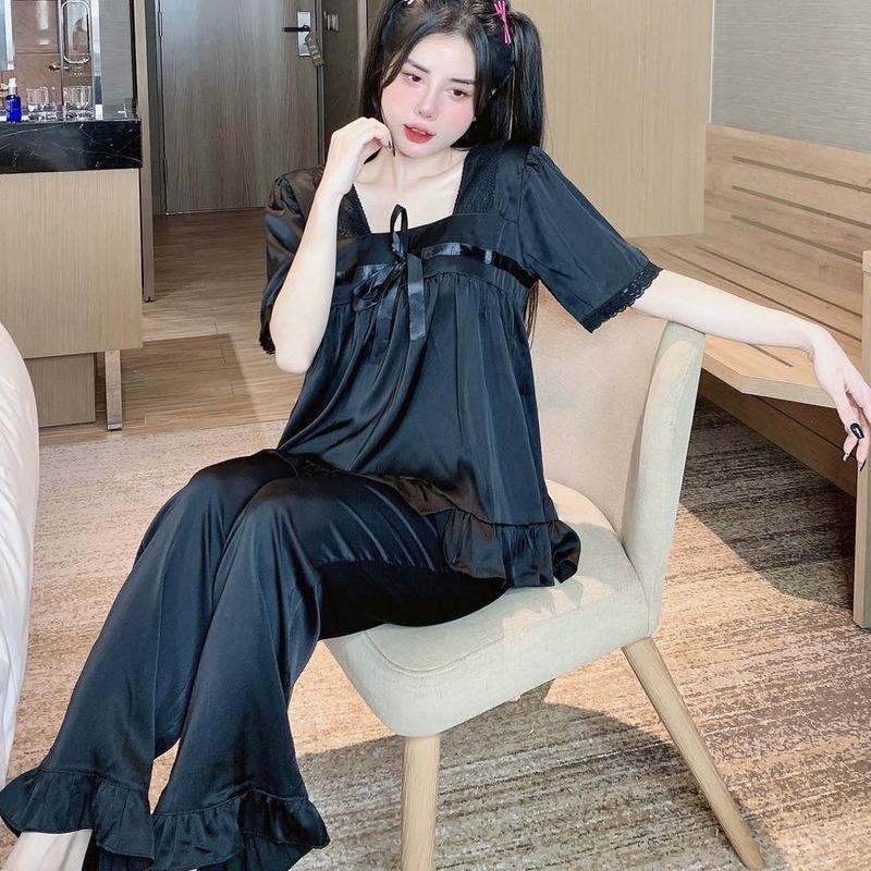 Bộ pijama lụa cộc tay quần dài phối nơ,ren tay điệu sang chảnh Lụa Trơn Nhung Nữ 1