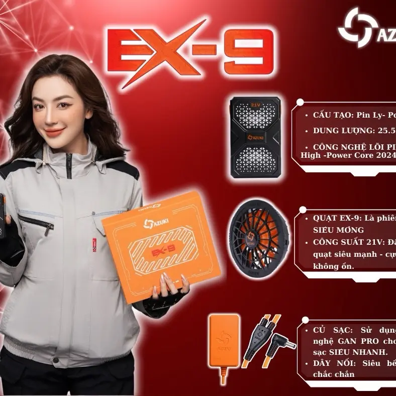 (Combo 2 áo + bộ phụ kiện) Áo điều hoà Azuki EX9, quạt 21V siêu mạnh, dùng đk 11-20h liên tục. Sạc nhanh 5h. Bảo hành 12 tháng, tặng kèm đá khô