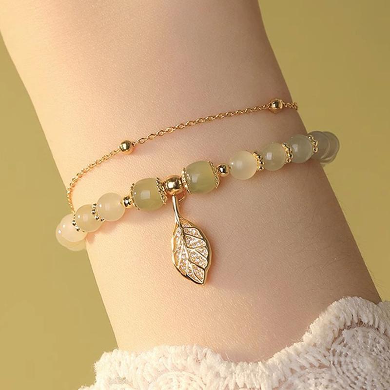 Women Bracelet Faux Jade Smooth Bead Leaf Pendant Double-layered Adjustable Length Rhinestone Lady Bangle Prom Daily Wrist Jewelry 3