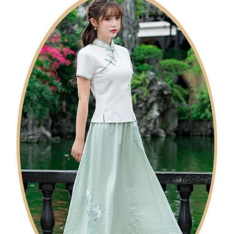 Bộ Đồ Hai Mảnh Bằng Vải Bông, Phong Cách Trung Quốc Cộng Hòa, Quần Áo Nữ, Thiết Kế Khóa Cổ Điển Chất Liệu Vải Bông Và Vải Lanh, Thêu, ngắn Tay, Thích Hợp Cho Nghệ Thuật Trà, Bộ Đồ Sườn Xám Cải Tiến 3