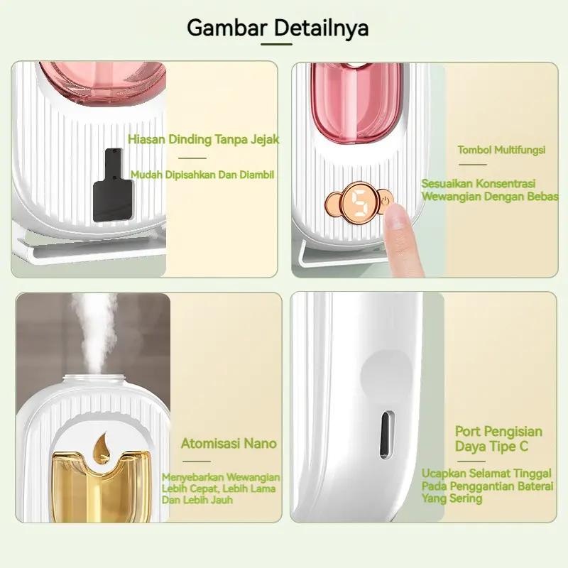 Humidifier Diffuser Aromaterapi Mini Aromaterapi Pewangi Ruangan LED Otomatis/LED Otomatis Dinding Aromaterapi Mini Humidifier Diffuser Aromaterapi Pewangi Ruangan 5 Mode Spray Pengharum Otomatis 3