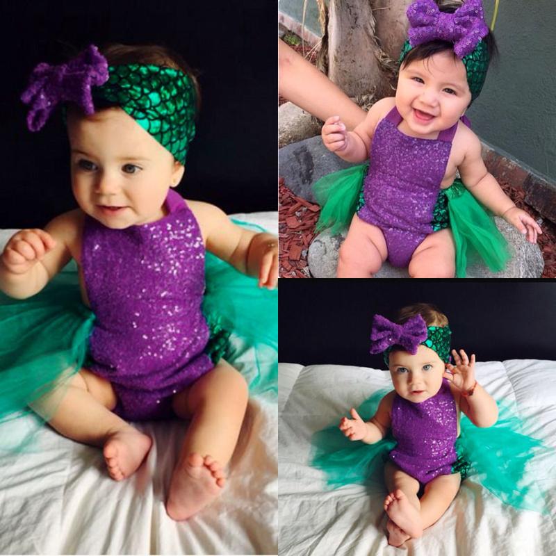 Baby Girls Summer Clothes Set Sleeveless Lace-up Mermaid Romper with Tulle Tutu Skirt + Headband 2Pcs Casual Beach Outfits 6