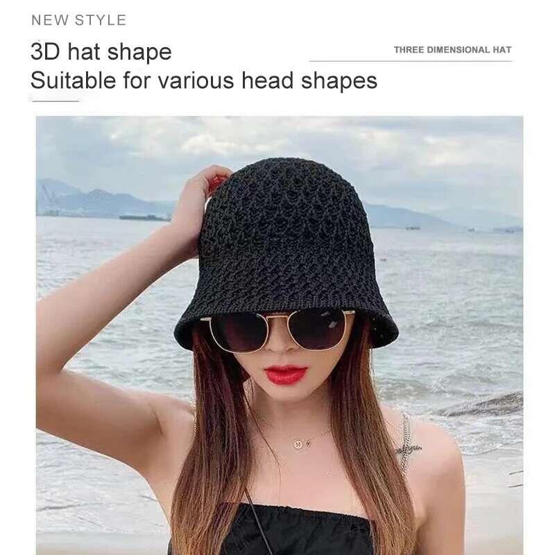 Product Introduction of Bucket Spring Summer Hollow Knitted Hat Solid Color Sunhat Fisherman Caps Casual Foldable Beach Cap 22