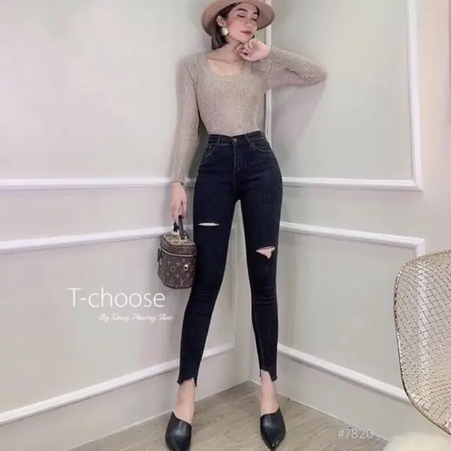 Quần jeans ôm cạp cao rách gối hot kiểu mới