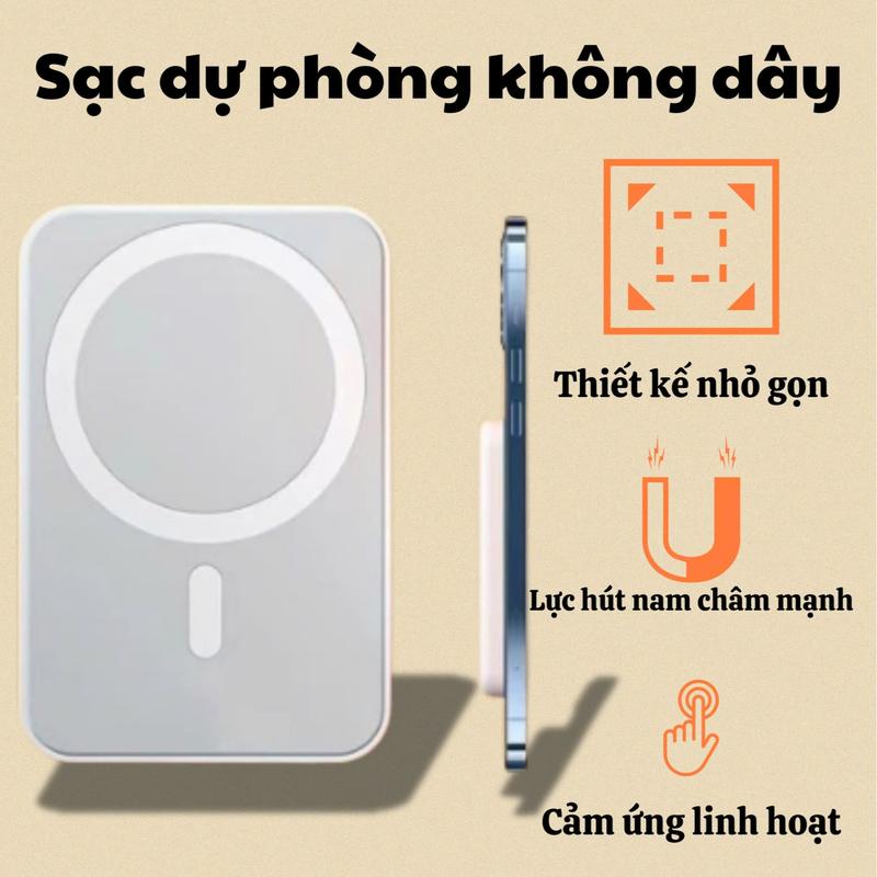 Pin sạc dự phòng không dây Magsafe 5000MAH ( Tặng kèm dây sạc Usb + Vòng từ tính ) Hít lưng từ IP12 trở lên, tương thích với điện thoại IPHONE có chức năng sạc không dây