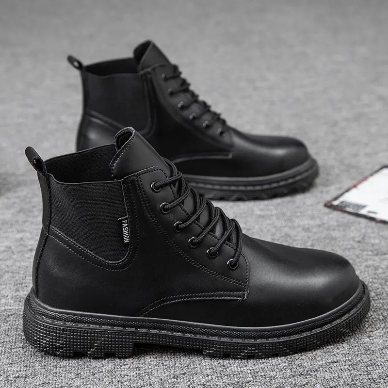 Giày Nam, Màu Trắng Và Cao Cổ, Cỡ Nhỏ Boot Công Nhân, Thích Hợp Cho Mùa Thu Và Mùa Đông, Màu Đen, Làm Bằng Da, Hàng Mới Về 2024 4
