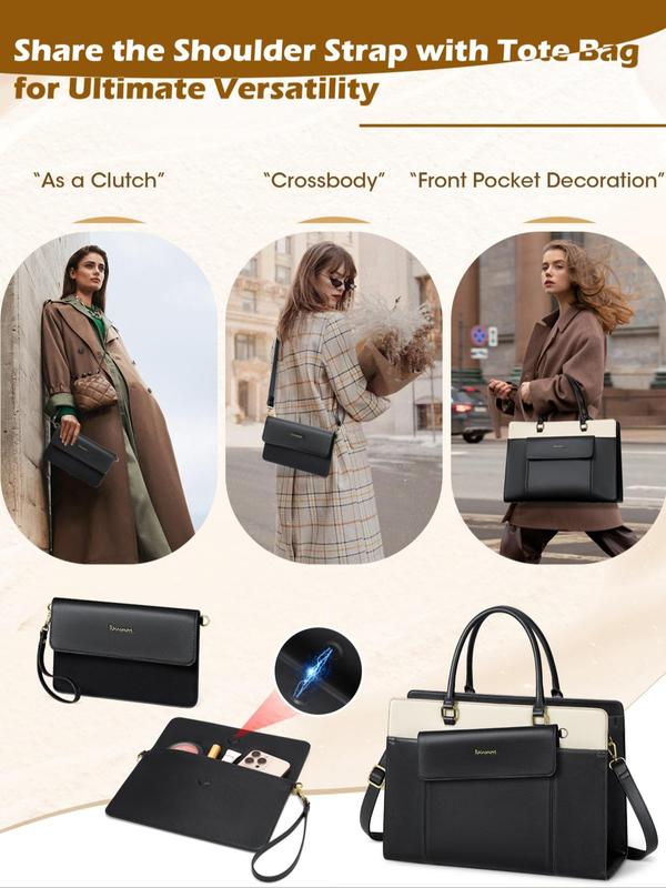 Women's Colorblock Laptop Bag & Wristlet, Fashionable Pu Leather Briefcase & Wristlet, Computer Bag for Office Travel 3