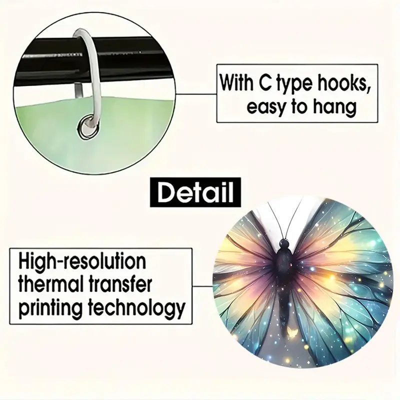 Butterfly Pattern Shower Curtain, 1 Count Colorful Butterfly Pattern Shower Curtain with 4 Counts Hooks, Bathroom Decor Supplies for Home Hotel Salon Dormitory 6