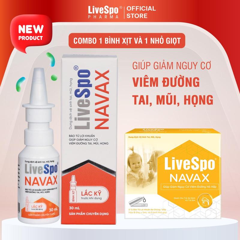 [1 Đỏ 1 vàng ] Combo 1 LiveSpo NAVAX chuyên dụng bình xịt nhựa và 1 LiveSpo Navax Kids Em bé (hộp 5 ống x 5ml và 1 lọ nhỏ giọt) - cho người Viêm Đường Tai, Mũi, Họng Cho Bé
