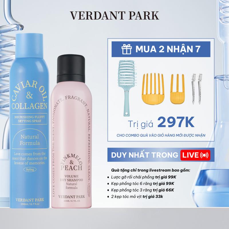 Combo xịt dưỡng giữ phồng tóc và xịt khô phồng tóc VERDANT PARK gel tạo kiểu tóc lâu bết giữ nếp tóc không gây cứng tóc Caviar Oil & Collagen Nourishing Fluffy Setting Spray dầu gội khô kiềm dầu lâu bết Pinkmelo Peach Verdantpark COMBO83 COMBO84