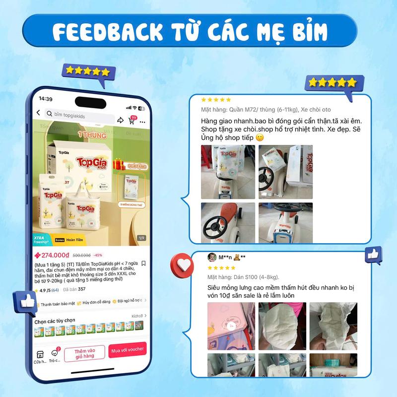 [VH - Quà Tặng không bán] Sản Phẩm Tã/Bỉm TopGiaKids pH < 7 ngừa hăm, đai chun đệm mây mềm mại co dãn 4 chiều, thấm hút bề mặt khô thoáng size S đến XXXL cho bé từ 4-20kg (bỉm) 6
