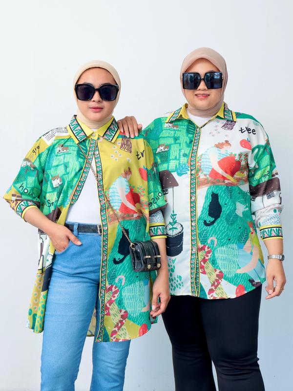 Kemeja Wanita Silk Aqiana Oversize - Baju Panjang Motif  Casual Atasan 8