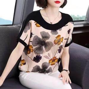 M-4xl Free shipping Elegant Floral Print Chiffon blouse Short Sleeve T-shirt for Women Tops Raglan sleeves Foreign flavour Plus size Loose Retro Trendy Diamond setting Tops Female t shirt