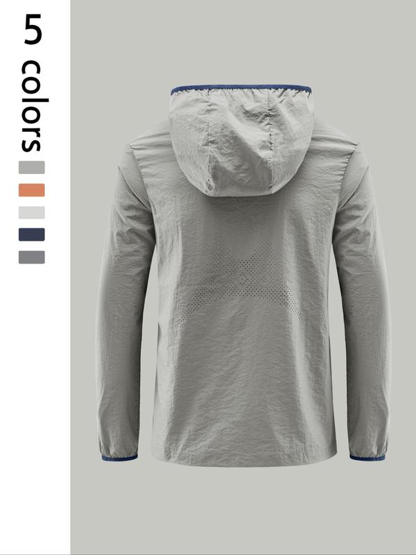 Men's Solid Color Pocket Zip Up Jacket, Regular Fit Breathable Sun Protection Outerwear for Outdoor Activities, Casual Comfy Men's Sportswear for All Seasons 5