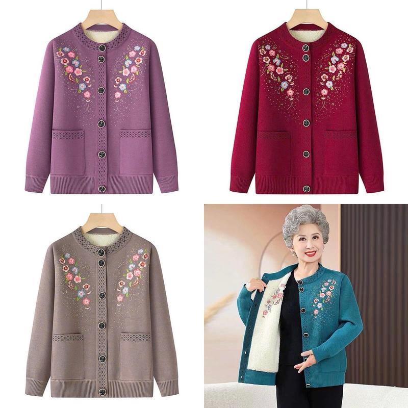 Áo Khoác Len Cho Người Già,  Len Trung Niên Cổ Trụ Thêu Hoa Sang Trọng, Chất liệu len cao cấp Lót lông ấm áp lông Áo Tím Top Nữ Women