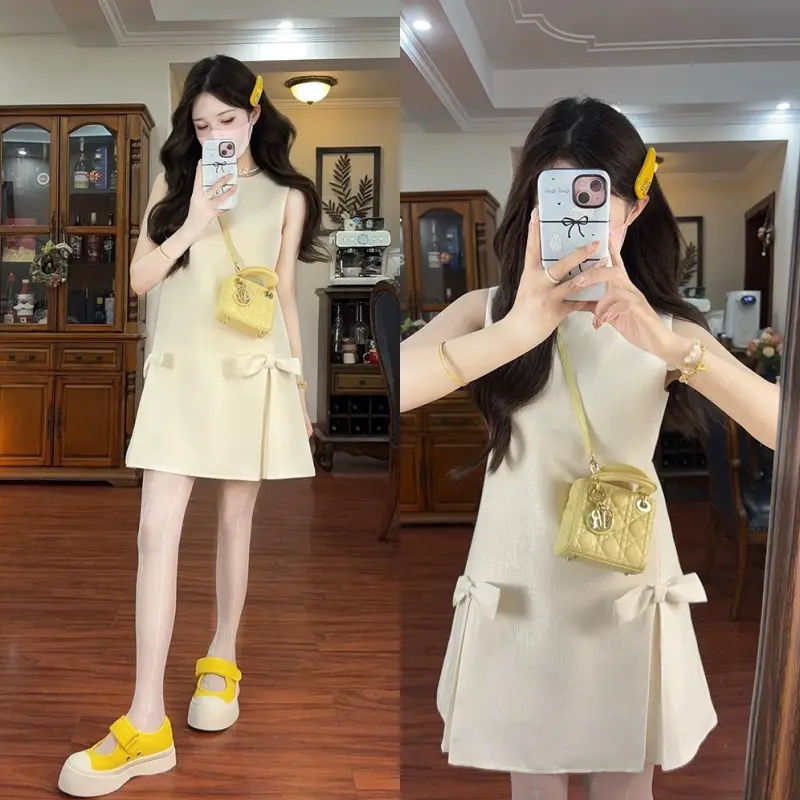 Váy đầm nữ xinh tiểu thư kiểu dáng suông form A phong cách Hàn Quốc AA11 nơ eo đẹp - Women, Dress đầm xanh   váy thường mặc Kem Voan Nhung Voi