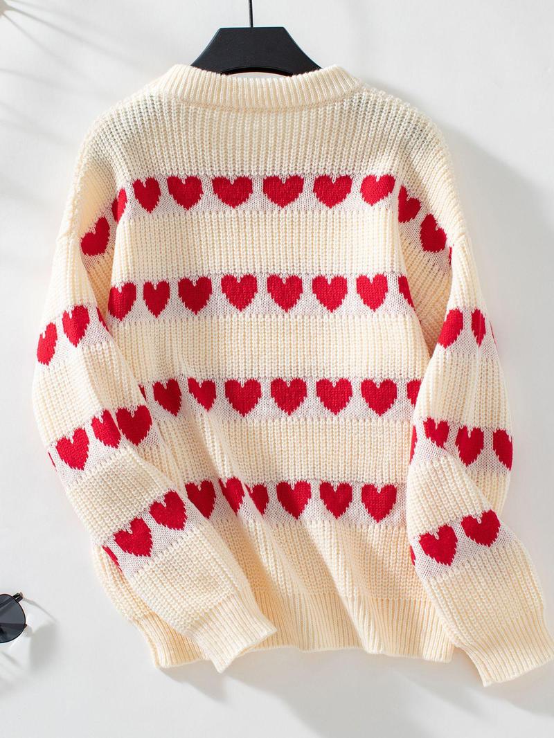 Product Introduction of Women's Heart Print Crew Neck Sweater, Casual Long Sleeve Jumper for Fall & Winter, Fashion Ladies' Knitwear for Daily Wear 2