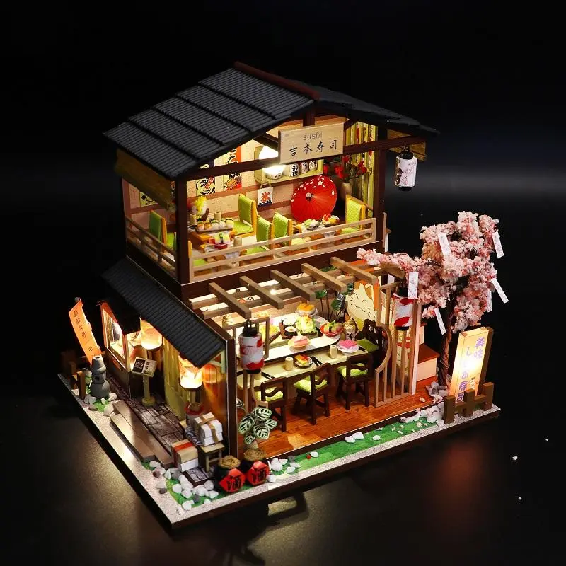 Sakura Sushi Bar Design Assembled Doll House, DIY Building Block Wooden Toy For Kids, Stocking Fillers Gift 6