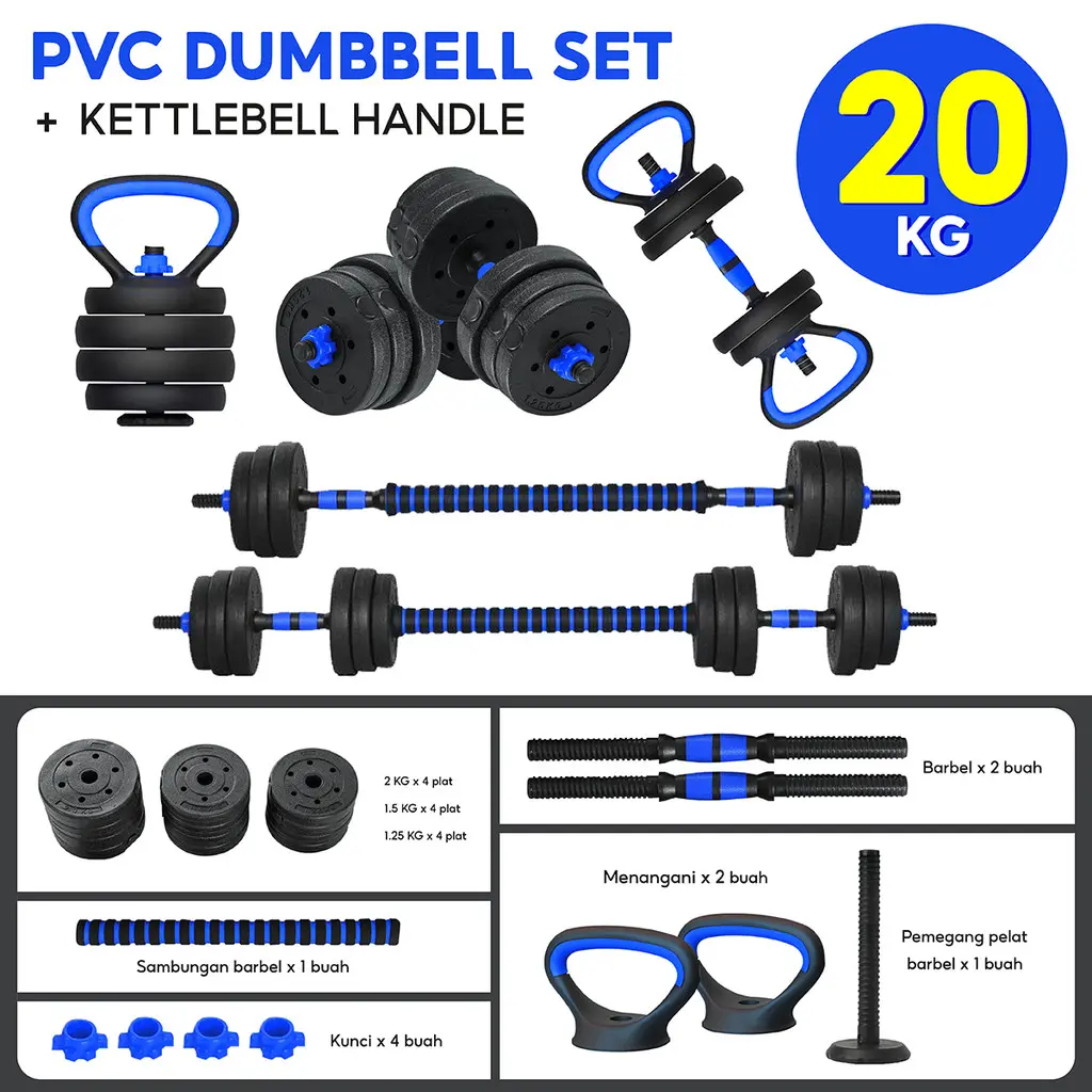 BGsport Dumbbell Set 20KG Blue Peralatan Fitness Gym Barbel Set Dumbel Berat Bisa Diatur Angkat Beban