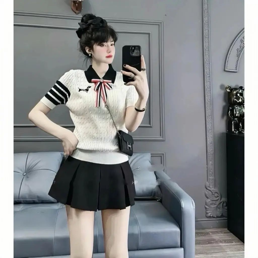 Áo len nữ dệt kim PoLo nơ thêu 3 sọc ở tay đi caphe dao phố