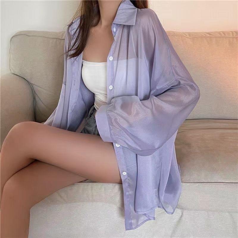Áo sơ mi mỏng xuyên thấu nhiều màu dáng rộng freesize thời trang nữ Famos 8