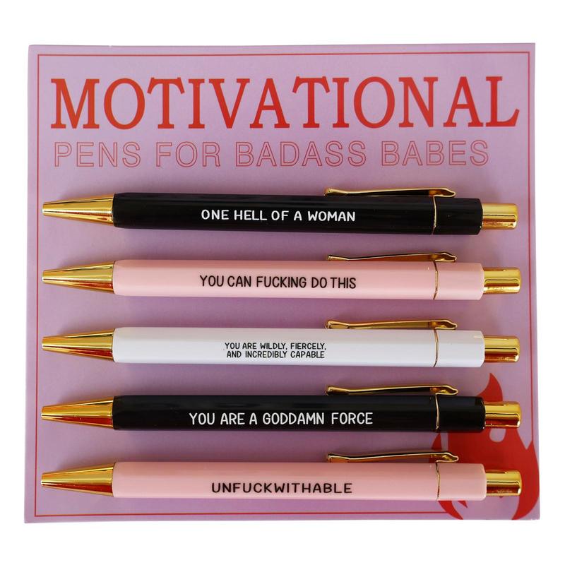 Product Introduction of Motivational Letter Pattern Ballpoint Pen Set, 5 Counts/set Creative Funny Slogan Ballpoint Pen, Writing Pen for Office School Student 0