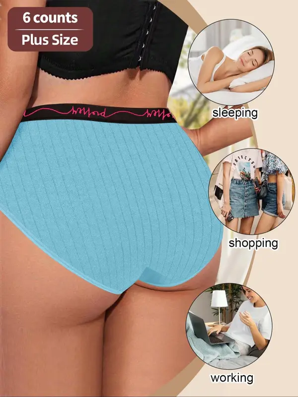 【Plus Size】 Letter Tape Mid Waist Panty, Regular Fit Soft Comfy Breathable Knicker for Daily Wear, Curvy Women's Underwear for All Seasons, Womenswear 1