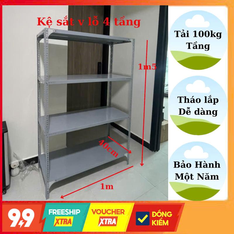 Kệ sắt V lỗ để hàng 4 tầng cao 1m5 dài 1m rộng 40cm