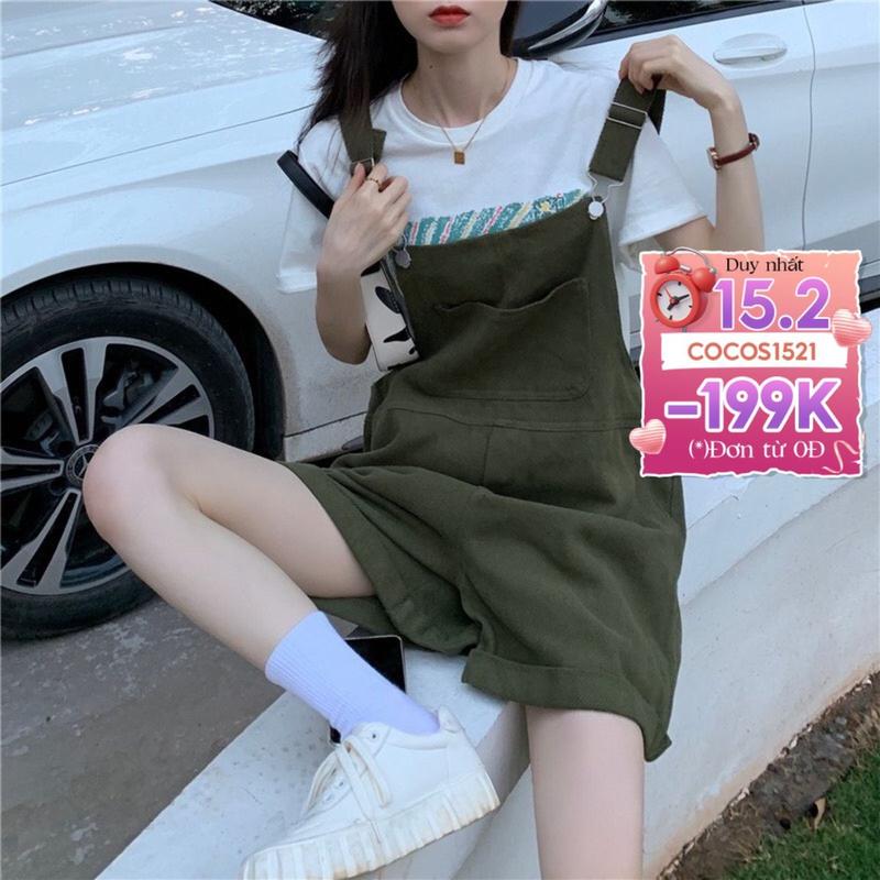 Quần yếm jeans kaki ngắn dáng rộng, quần yếm nữ phong cách_y8