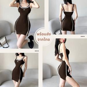 เดรสสายเดี่ยวสีน้ำตาล โชว์เอว ผ้ายืด สายเซ็กซี่ AR06