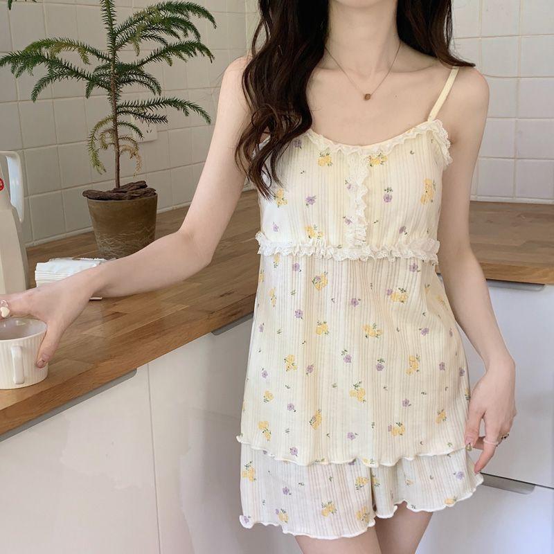 Bộ Đồ Ngủ Quần Đùi Có Dây Đeo, Phong Cách Gợi Cảm, Dành Cho Nữ, Tươi Mới Và Dễ Thương, Phong Cách Công Chúa Ngọt Ngào, Mỏng Với Đệm Ngực, Thích Hợp Mặc Nhà, Bộ Đồ 6