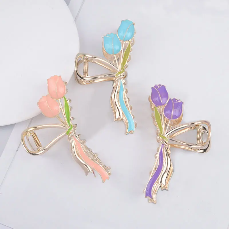 Tulip Metal Flower Hair Claw Elegant Girl Versatile Hair Bun Shark Clip Super Fairy Back of Head Hair Accessory