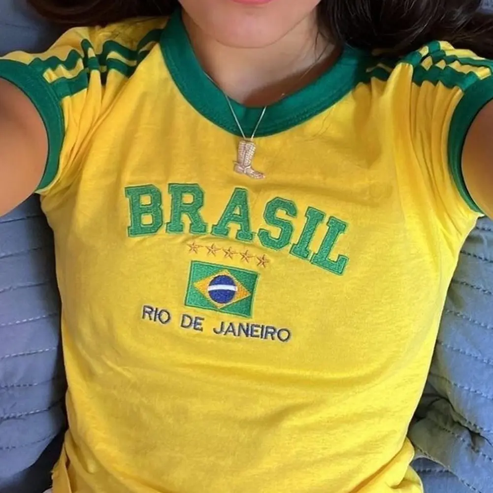 Women Aesthetic Letter 90s Brazil Crop Tops Summer Short Sleeve T-Shirt Y2K