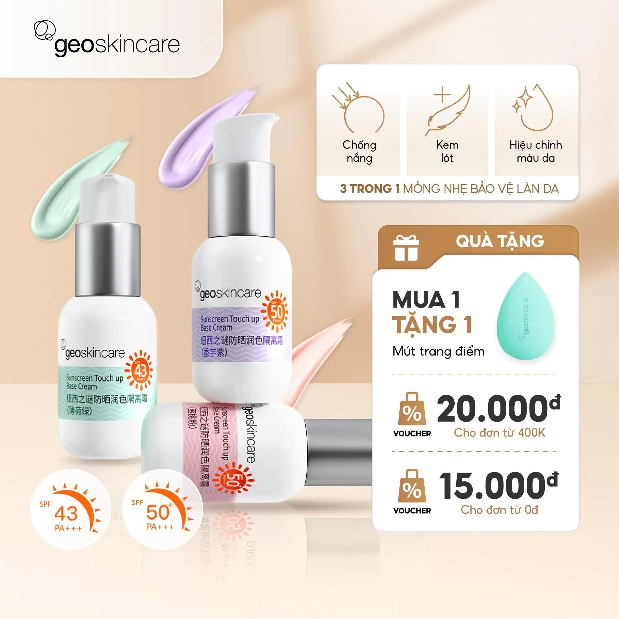 [Geoskincare] Kem Lót Có Chống Nắng Dưỡng Ẩm Che Khuyết Điểm Điều Chỉnh Màu Da 45ml