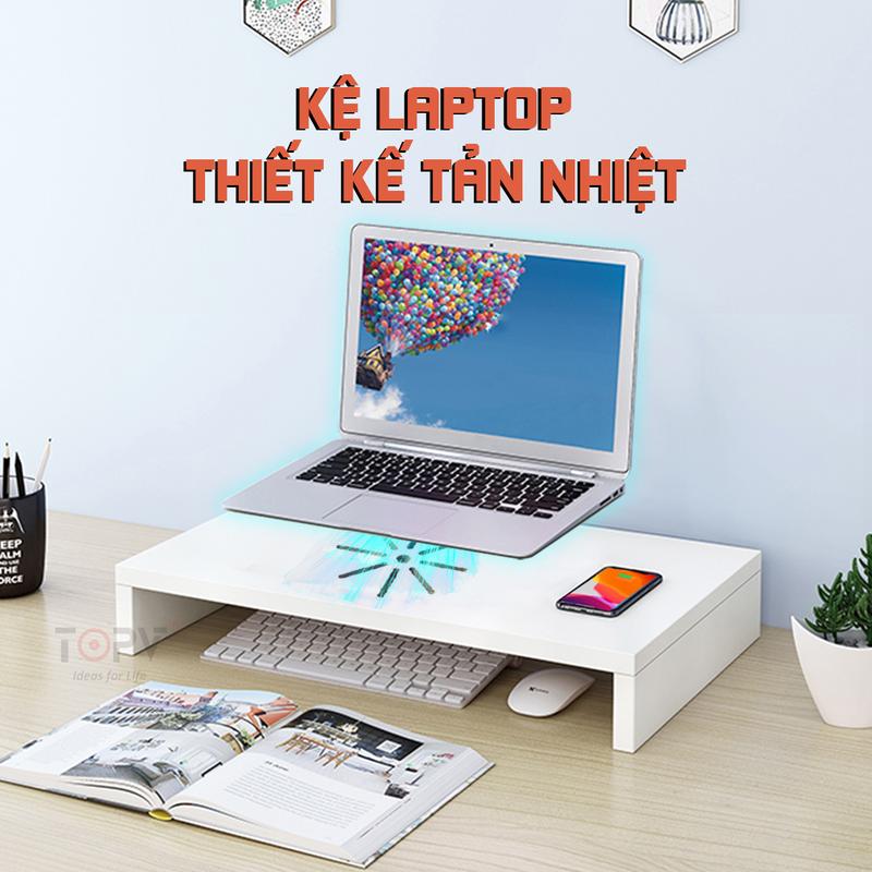 Kệ laptop gỗ tản nhiệt TOPV kệ máy tính để bàn giá đỡ laptop nâng pc 1 2 tầng trắng giá kê laptop màn hình decor