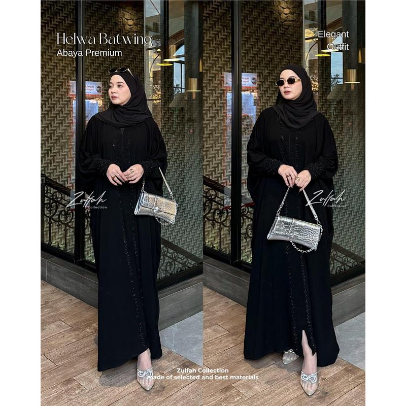 Zulfah Collection Abaya Hitam Turkey Helwa Batwing Gamis Syari Muslimah Jetblack Hitam. 8