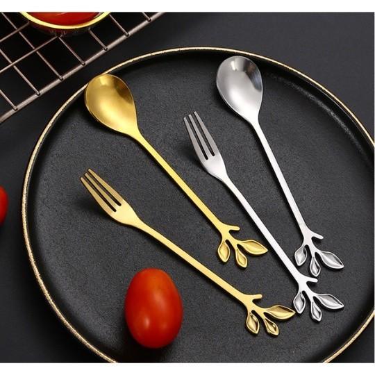 Thìa Dĩa Vàng Decor Hình Lá, Muỗng Cafe, Dĩa Ăn Trái Cây Sang Trọng