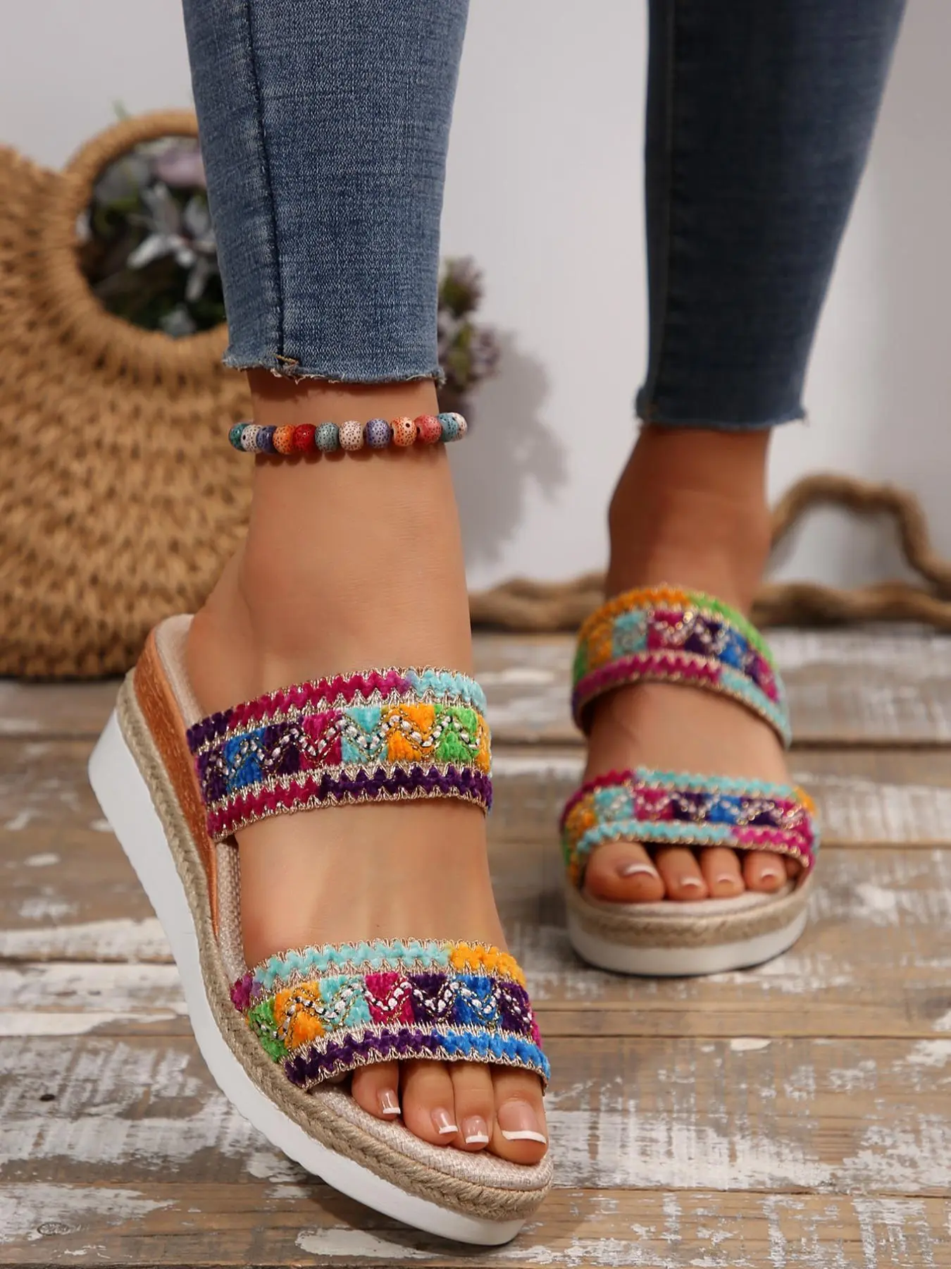 Women's Fashionable Colorful Boho Style Barefoot Sandals, Casual Comfortable Slide Sandals for Summer, Durable Slippers for Women & Girls, Footwear