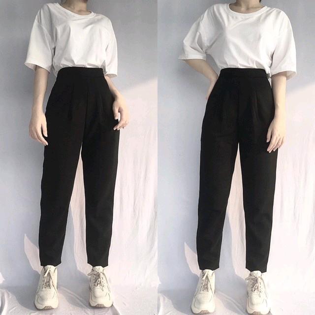 QUẦN TÂY NỮ HỌC SINH LƯNG CHUN SAU CAO KHÓA CẠNH SƯỜN -HÔNG DÁNG DÀI MÀU ĐEN KIỂU QUẦN VẢI NỮ Pants Baggy