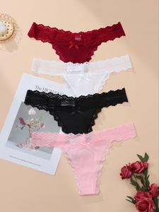 Tanga de encaje en contraste con lazo en la parte delantera para mujer, braguitas cómodas y transpirables para el día a día, conjuntos de verano 2024, ropa interior de mujer para todas las temporadas