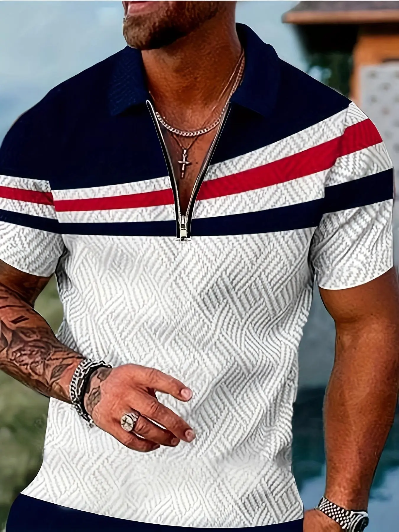 Men's Colorblock Zipper Polo Shirt, Regular Fit Casual Short Sleeve Collared Top for Daily Outdoor Wear, Fashion Men's Clothes for All Seasons